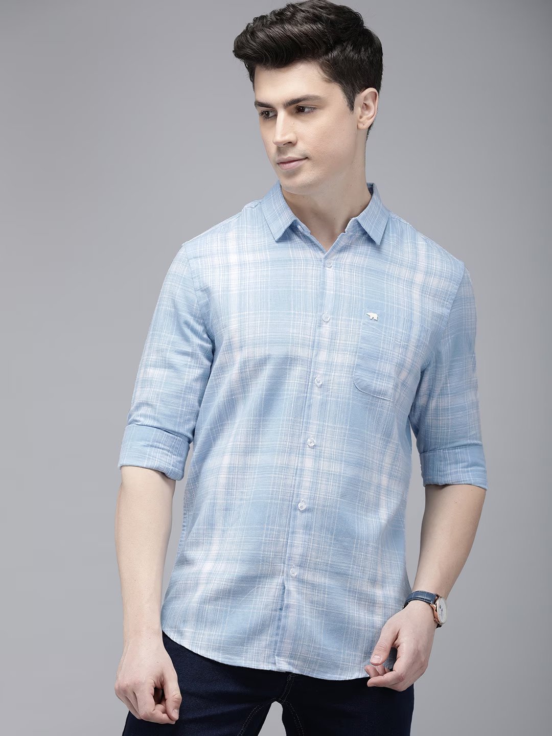 Tiwa - Men Blue Checked Slim Fit Cotton Blend Casual Shirt | The Bear House
