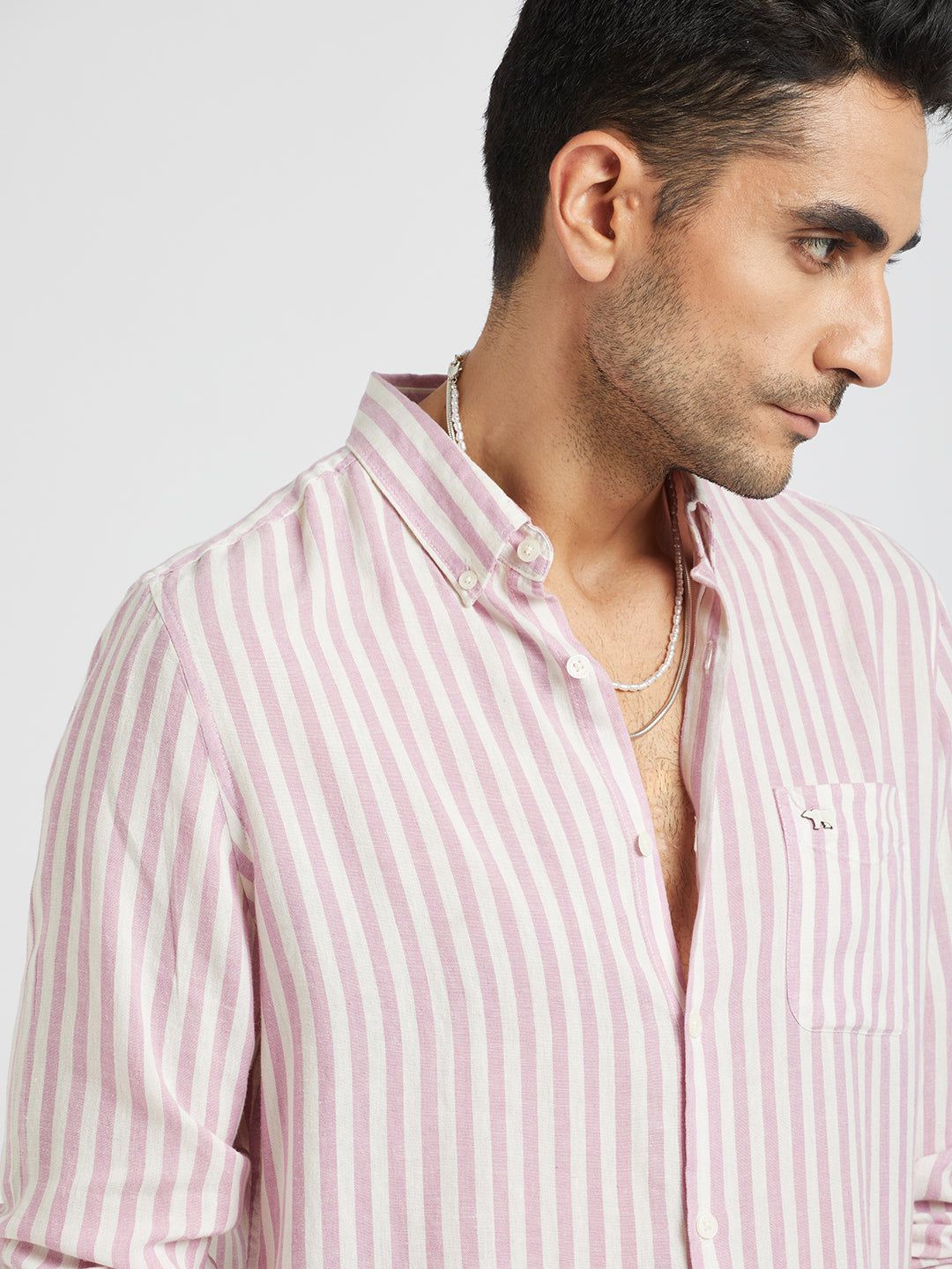 Tuxis - Men Pink Striped Slim Fit Linen Cotton Casual Shirt | The Bear House