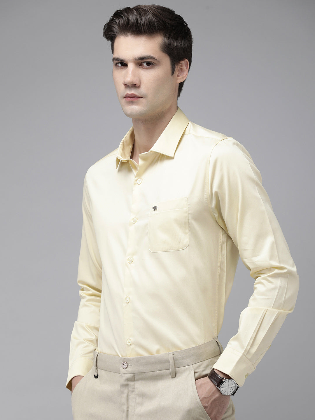 Ufan - Men Yellow Solid Slim Egyptian Giza Cotton Formal Shirt | The Bear House