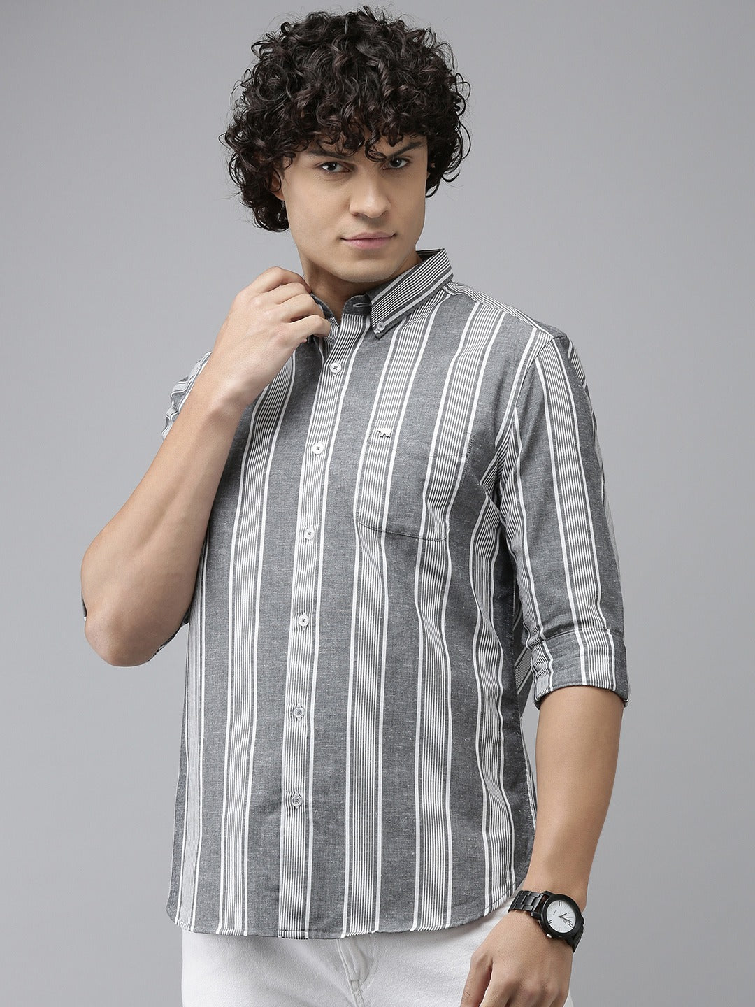 Vanta - Men Grey Striped Slim Fit Cotton Linen Casual Shirt | The Bear House