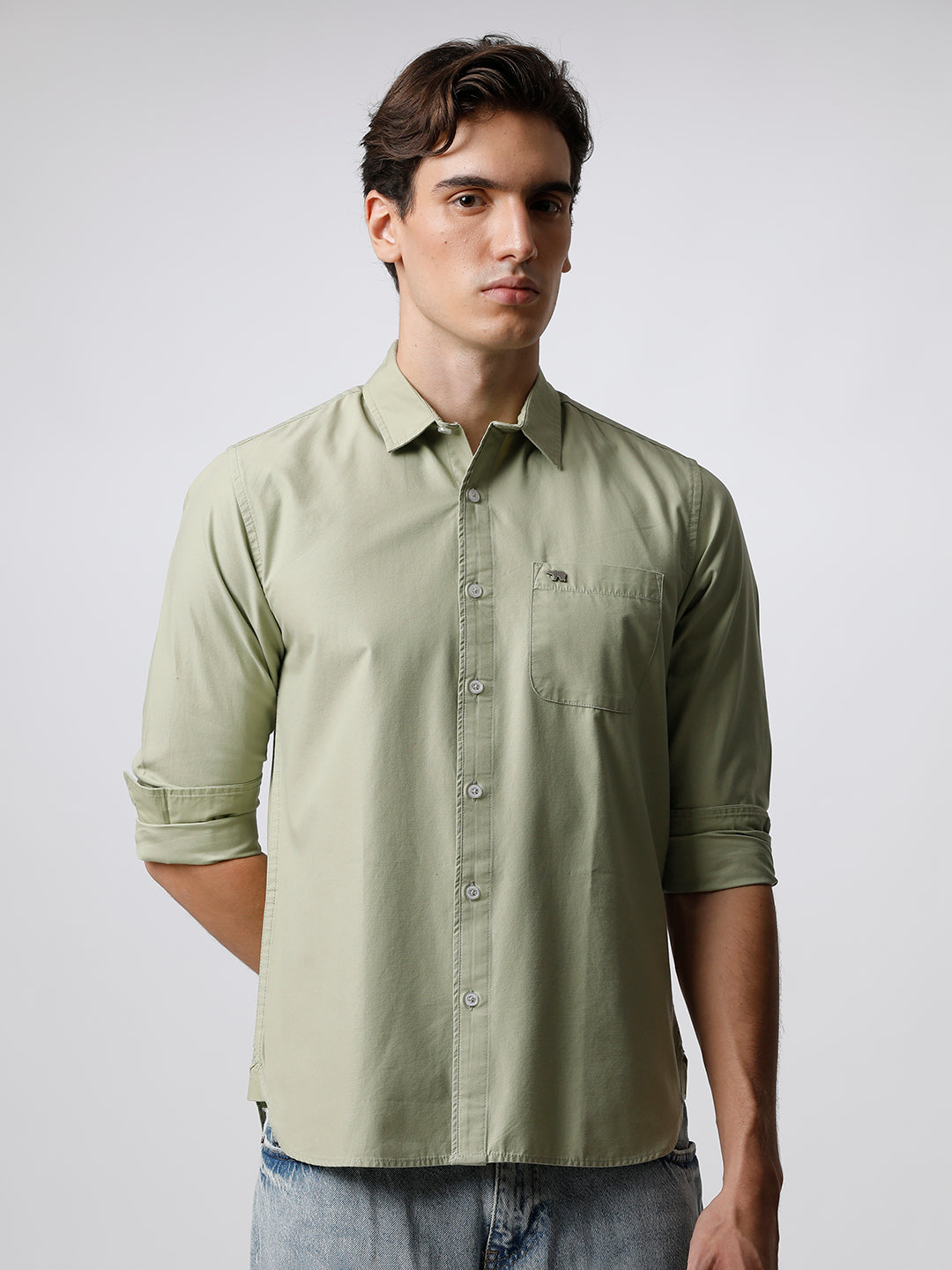 Volos - Men Green Solid Slim Fit Cotton Casual Shirt | The Bear House