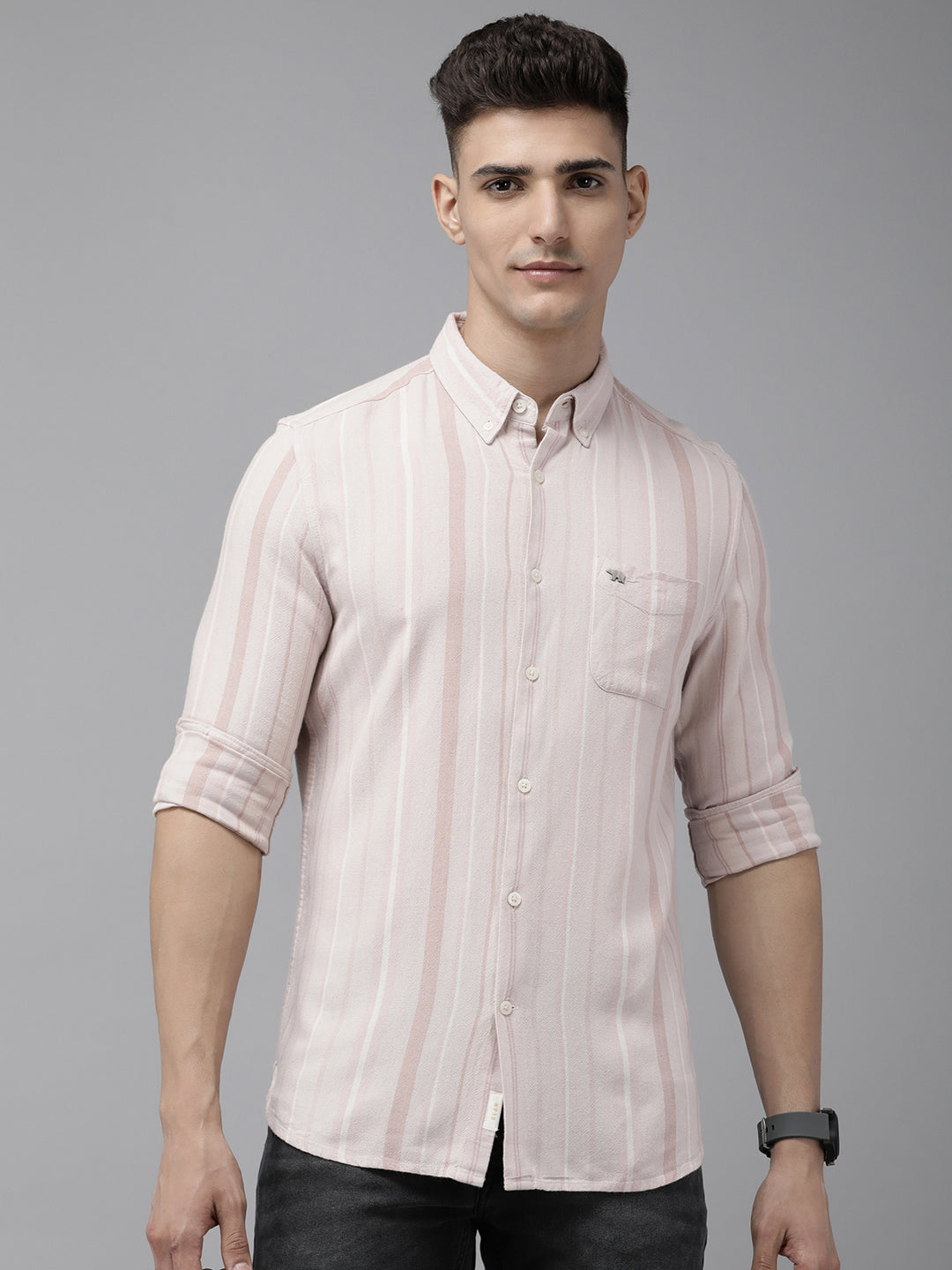 Zona - Men Pink Vertical Striped Slim Fit Cotton Linen Casual Shirt | The Bear House